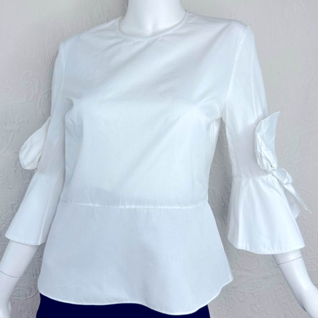 Roksanda Kemi Bow Cuff Cotton Poplin Flared White Peplum Top